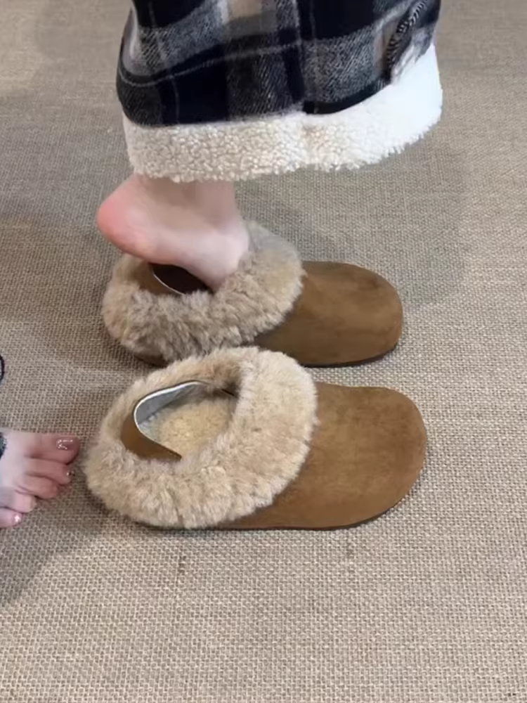 Phiên bản da bò ~ Giày cao gót mũi kín kiểu retro, có thể mang hai chiều, kiểu lười đi cho nữ, thích hợp cho mùa thu đông, đế dày và lót lông mềm mại.