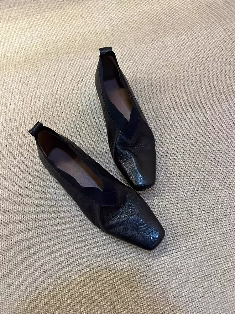 Phiên bản da cừu ~ giày đế bằng da mềm phong cách cổ điển dành cho nữ, giày ba lê mũi vuông bằng da thật để phối với váy, giày lười