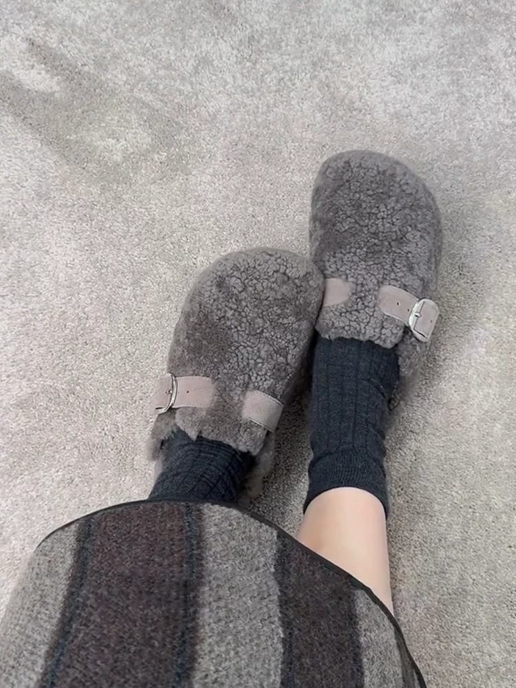 Phiên bản da cừu ~ Giày Birkenstock lông màu xám cổ điển, áo khoác ngoài bằng len cừu, giày cotton mùa đông đế bằng ấm áp thoải mái dành cho nữ