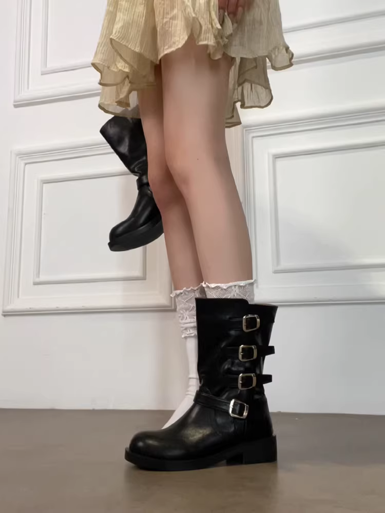 Phiên bản da bò ~ Giày bốt Martin mũi tròn phong cách retro punk dành cho nữ, khóa thắt lưng phong cách biker đa năng, giày bốt hiệp sĩ thon gọn