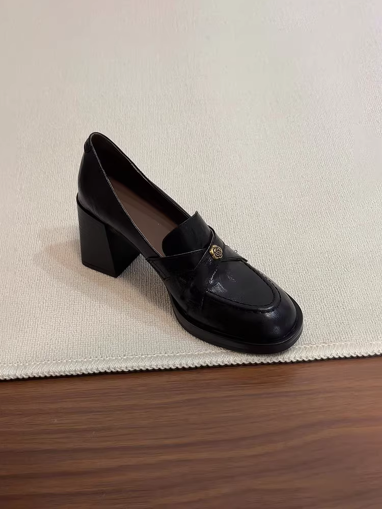 Phiên bản da cừu ~ Giày lười cao gót da thật kiểu retro camellia dành cho nữ, đa năng và sành điệu khi đi làm.