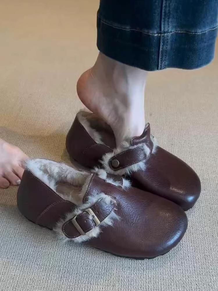 Phiên bản da cừu ~ Giày Birkenstock ấm áp bằng da thật kiểu cổ điển dành cho nữ, kiểu dáng đơn giản mùa đông với lớp lông cừu bổ sung, giày cotton len đa năng và thoải mái để đi làm.