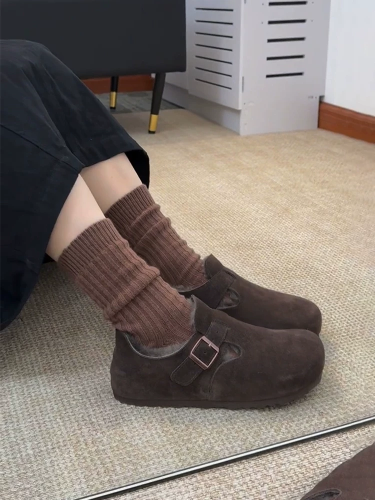 Phiên bản da cừu ~ Giày kiểu Birkenstock có lót lông, tăng chiều cao, kiểu dáng lười, đế bằng, phong cách retro, chất liệu cotton mềm mại dành cho nữ
