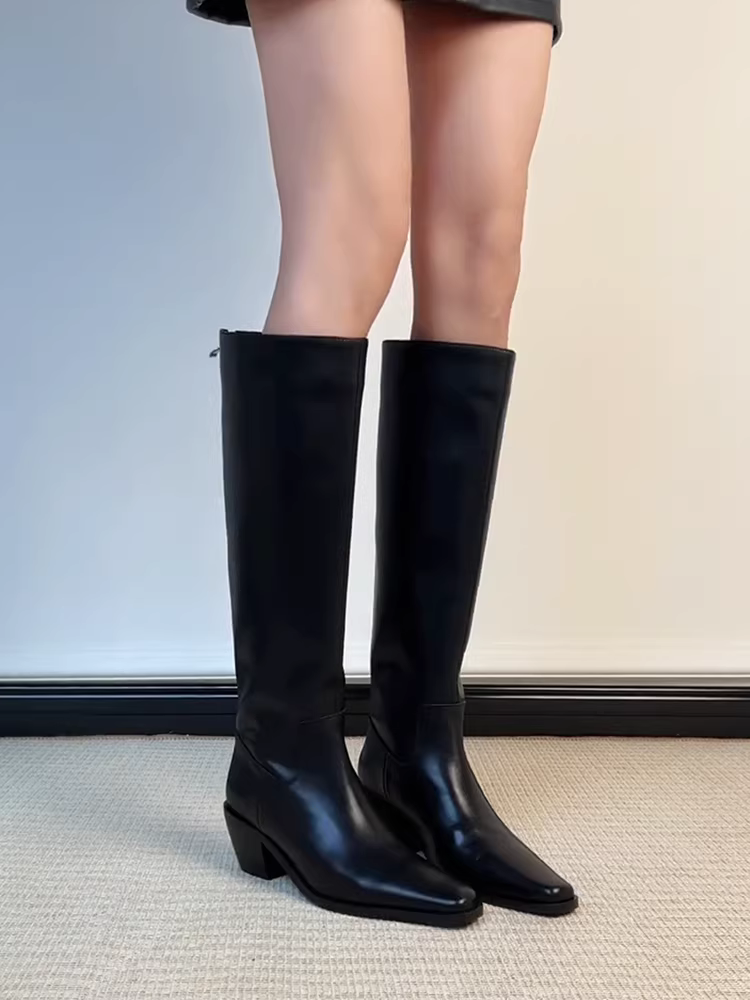 Phiên bản da bò ~ Giày bốt mũi vuông đơn giản, thanh lịch, đa năng, kiểu dáng thời trang dành cho nữ, có khóa kéo phía sau và gót dày bằng da thật.