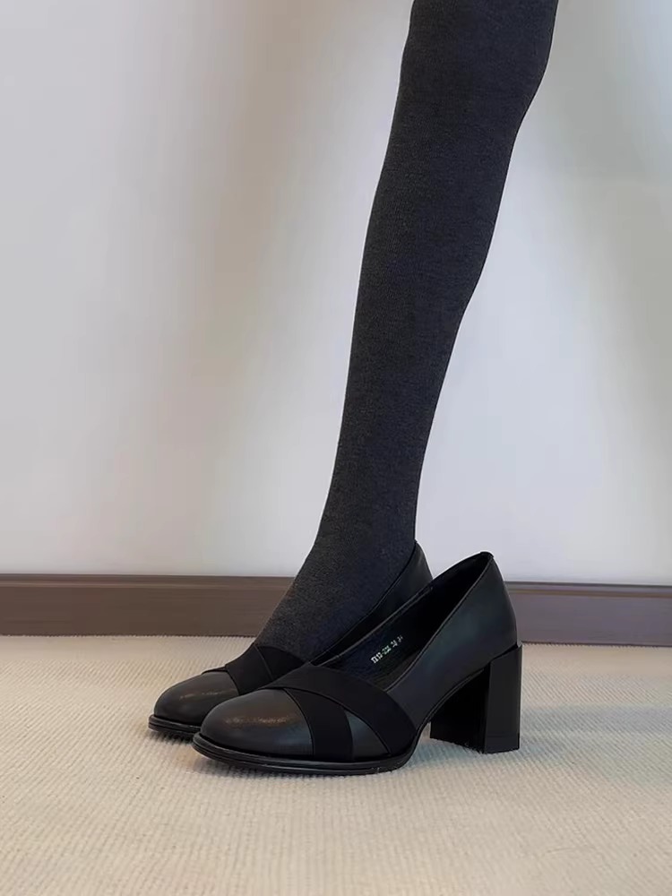 Phiên bản da cừu~ Giày Mary Jane kiểu cổ điển của Pháp dành cho nữ, phong cách mùa thu mới, giày cao gót đế thô, giày đế bằng da thật có quai chéo.