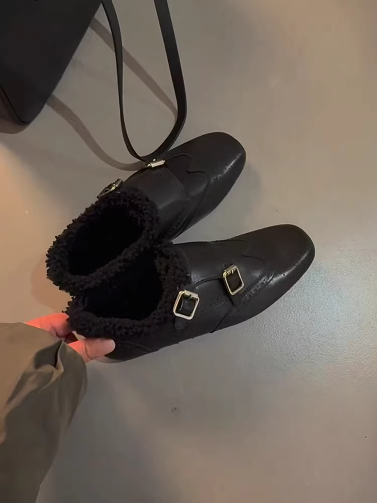 Phiên bản da bò ~ giày lười kiểu brogue thời trang cổ điển dành cho nữ có khóa thắt lưng, kiểu lười, lót lông cừu, giày da mũi vuông nhỏ