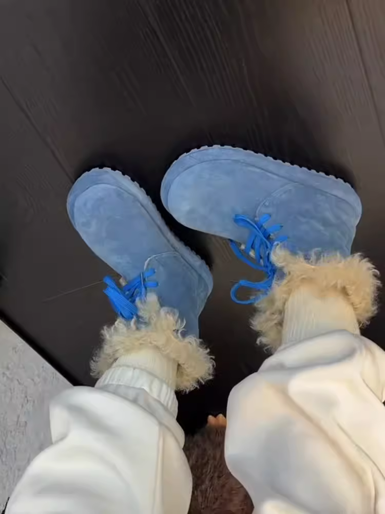 Phiên bản da bò ~ Thiết kế mới lạ, giày bốt thời trang dành cho nữ với đế dày, dây buộc lông thú, chất liệu da lộn chống trơn, lót bông.