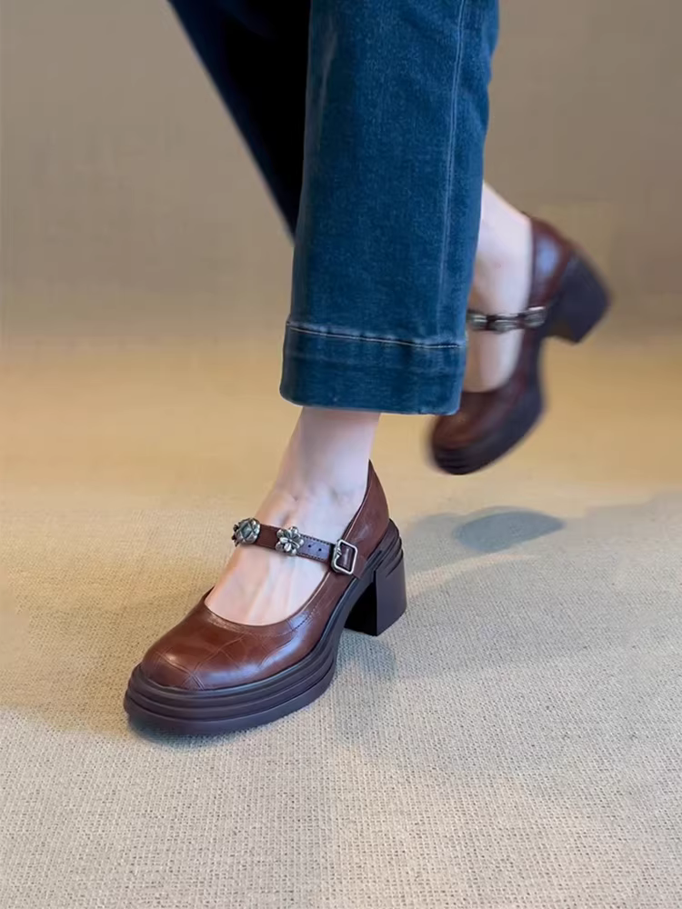 Phiên bản da bò ~ Giày cao gót Mary Jane kiểu Pháp có khóa, da thật, tăng chiều cao, đa năng, giày da nữ kiểu dáng mới