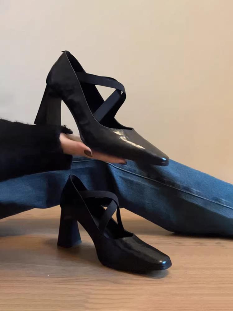 Phiên bản da cừu ~ Giày cao gót thanh lịch dành cho nữ có quai chéo, mũi vuông, giày Mary Jane cổ điển kiểu dáng cổ điển bằng da thật.