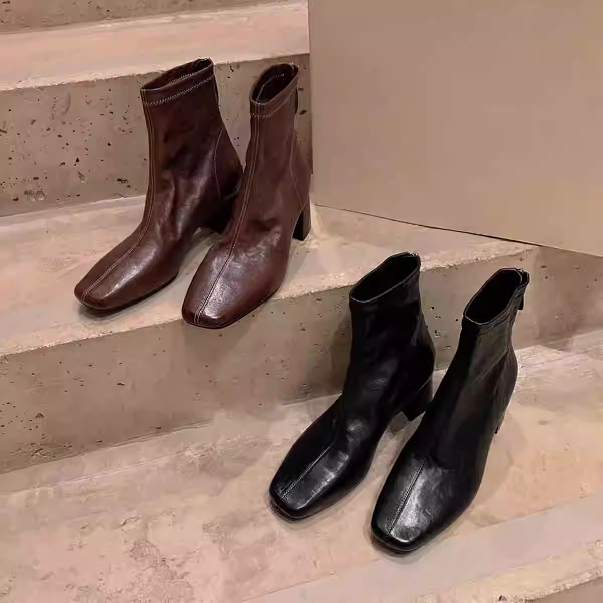 Phiên bản da bò~ Giày bốt kiểu cổ điển kiểu Pháp dành cho nữ, mũi vuông, gót giữa thon gọn, khóa kéo phía sau, bốt co giãn, da thật, bốt ngắn thanh lịch