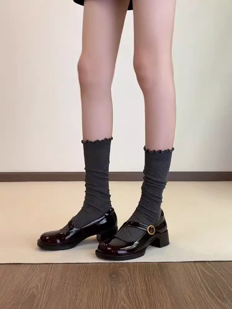 Giày Mary Jane nữ da cừu ~ Dây đeo màu hổ phách độc đáo, kiểu Pháp, mũi tròn nông, gót dày, phong cách học sinh, giày da nhỏ nhắn