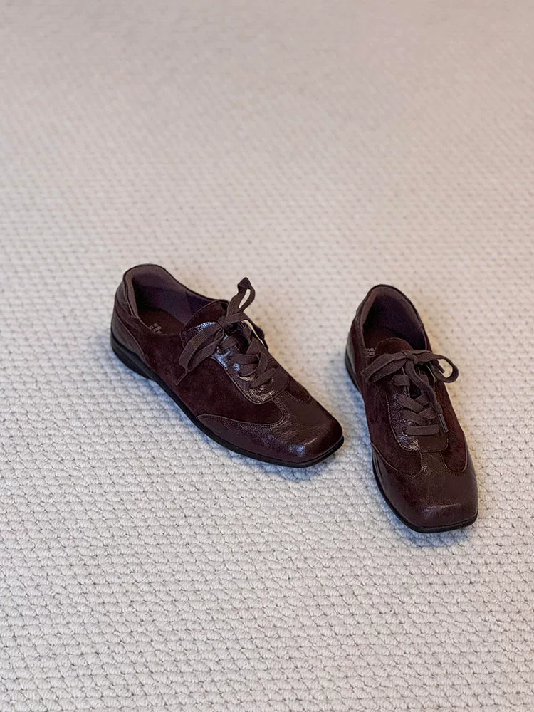 Phiên bản da bò ~ Giày tập luyện kiểu cổ điển bằng da thật phong cách retro dành cho nữ, giày thường ngày kiểu dáng cổ điển có dây buộc mũi vuông giúp thon gọn