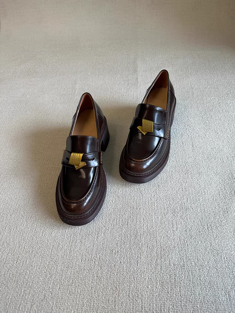 Phiên bản da cừu ~ Giày lười da thật kiểu retro bằng kim loại dành cho nữ, giày đế dày đế dày đa năng, giày da nhỏ đi làm