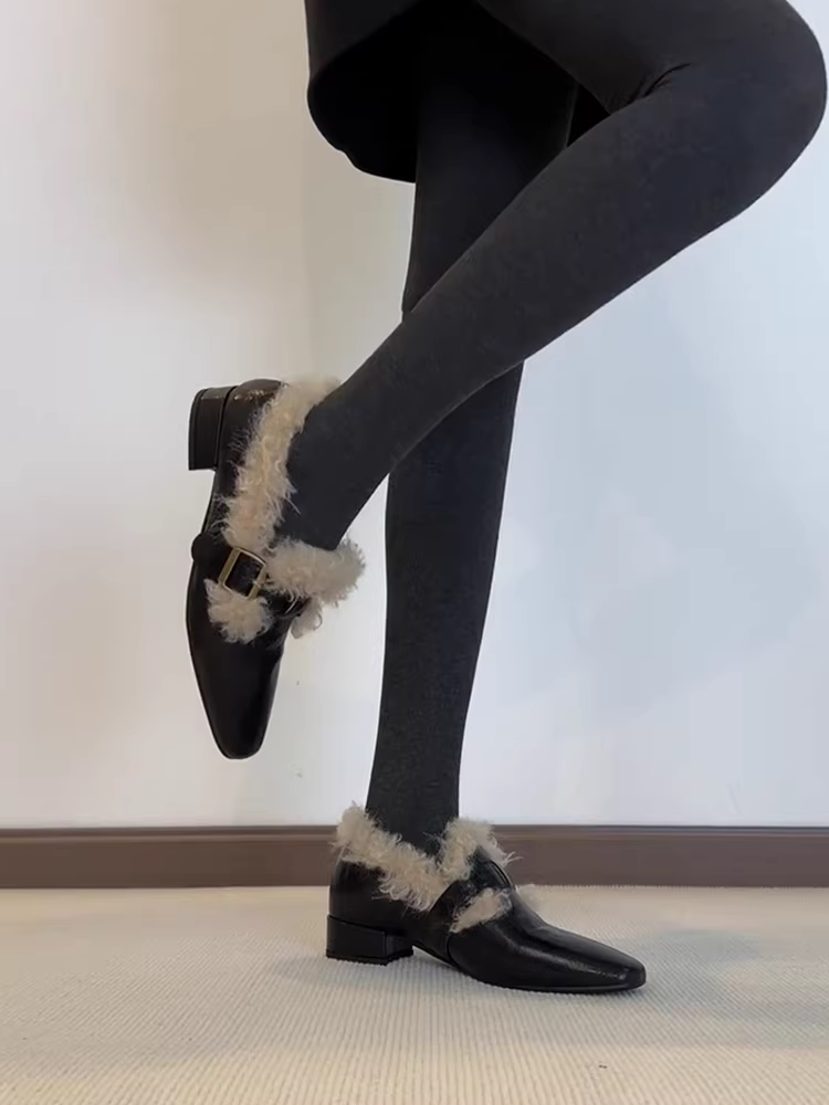 Phiên bản da cừu ~ Giày lười lông mịn kiểu Pháp bằng da thật dành cho nữ có khóa thắt lưng, mũi vuông, gót dày, giày da đi làm