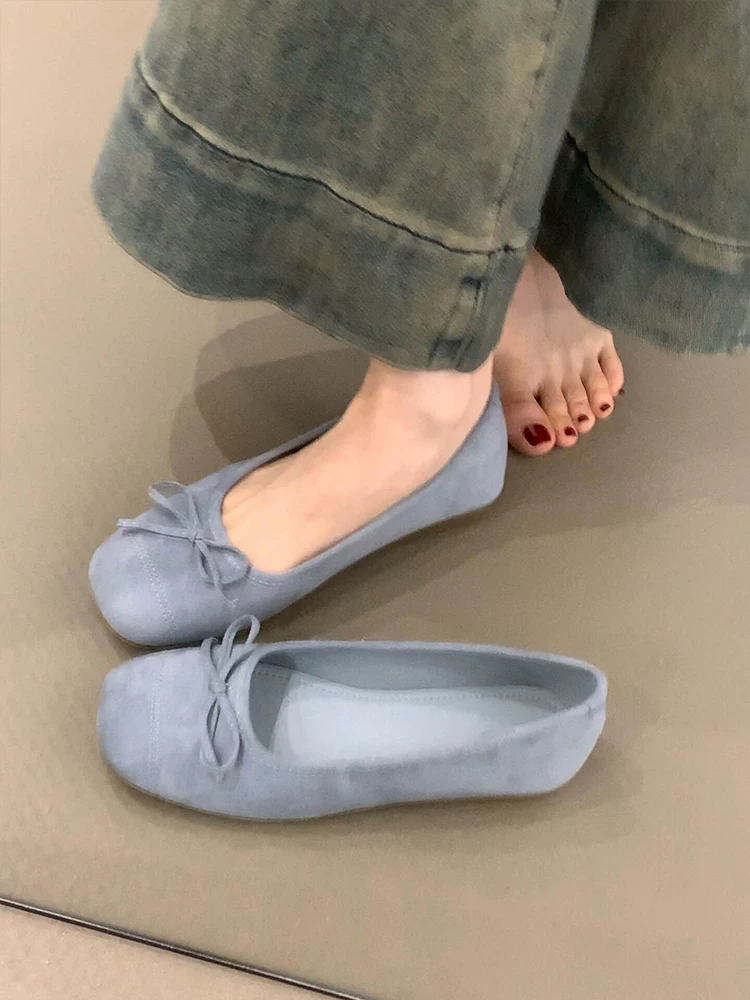 Phiên bản da cừu ~ Giày ba lê kiểu Pháp nhẹ nhàng có nơ, giày đế bằng nông dành cho nữ, giày đế bằng nhỏ thoải mái và đa năng.