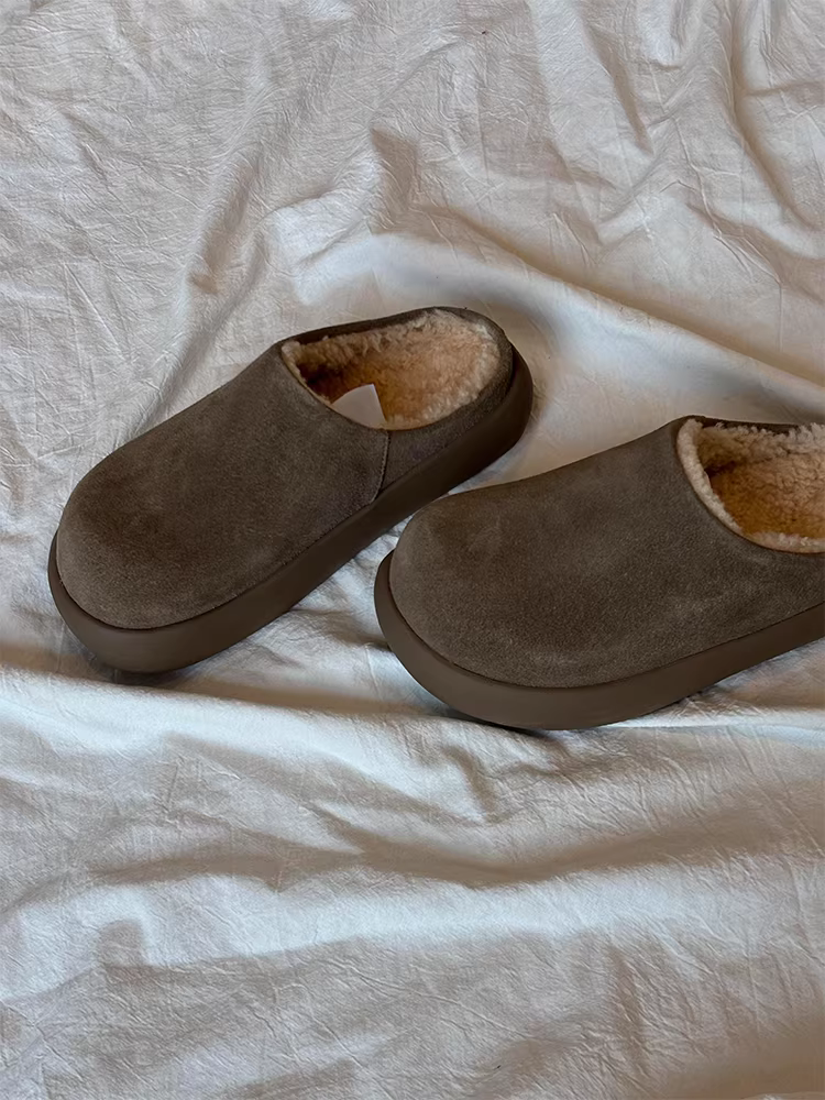 Phiên bản da cừu ~ dép nửa cổ điển dành cho nữ, giày lười đế bệt kiểu dáng giản dị, da lộn có lớp lót lông cừu, giày Birkenstock mùa thu đông