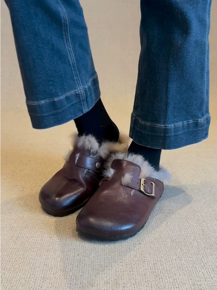 Phiên bản da cừu ~ Giày Birkenstock lười đi bằng lông thú dành cho nữ, phong cách cổ điển, lót lông cừu, dép nửa ấm áp, giày cotton đa năng.