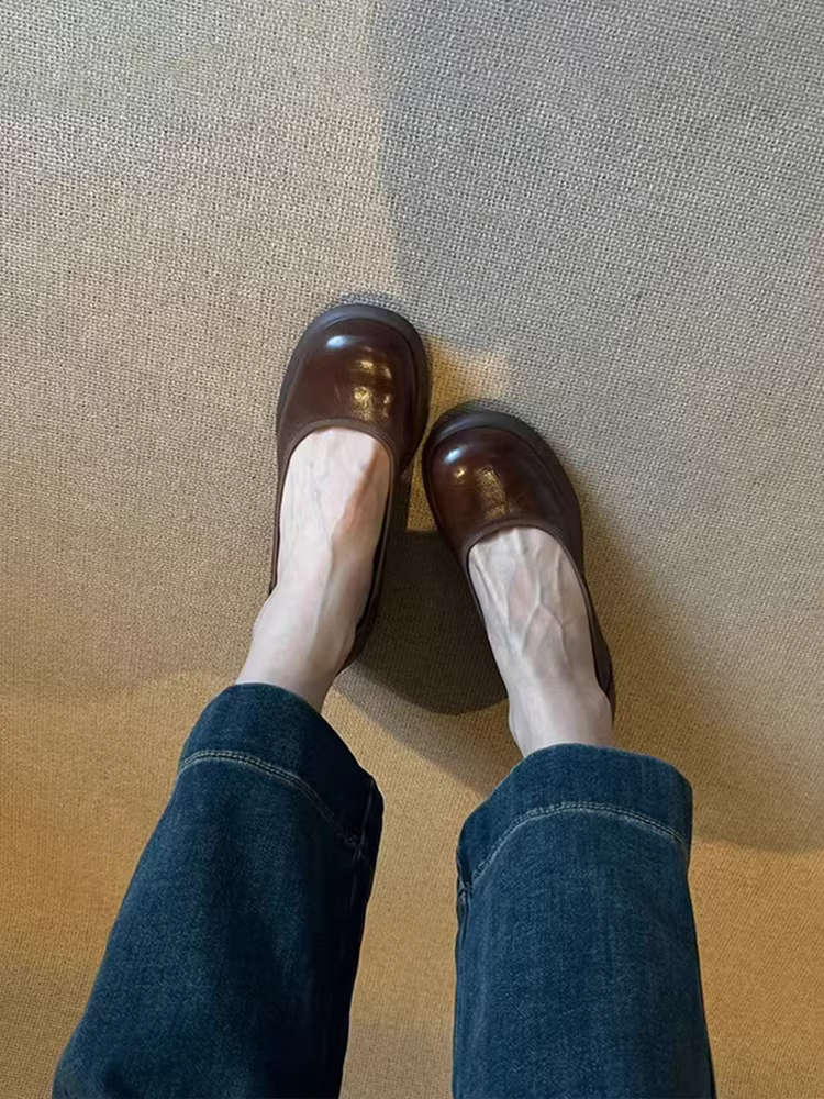 Phiên bản da cừu ~ Giày da thật cổ nông kiểu cổ điển dành cho nữ, mũi tròn, gót dày, giày Mary Jane kiểu dáng Anh, giày da nhỏ kiểu Anh