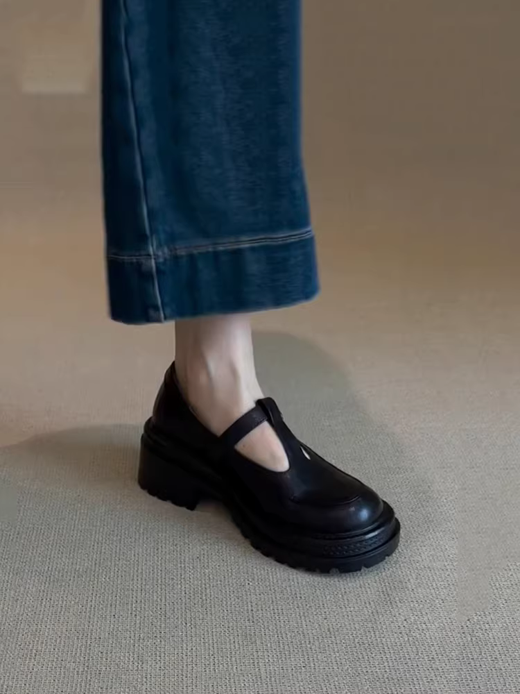Phiên bản da cừu ~ Giày Mary Jane đế dày có khóa chữ T kiểu Anh, da thật, giày đế dày dành cho nữ, giày lười đế dày mùa xuân và mùa thu mới.