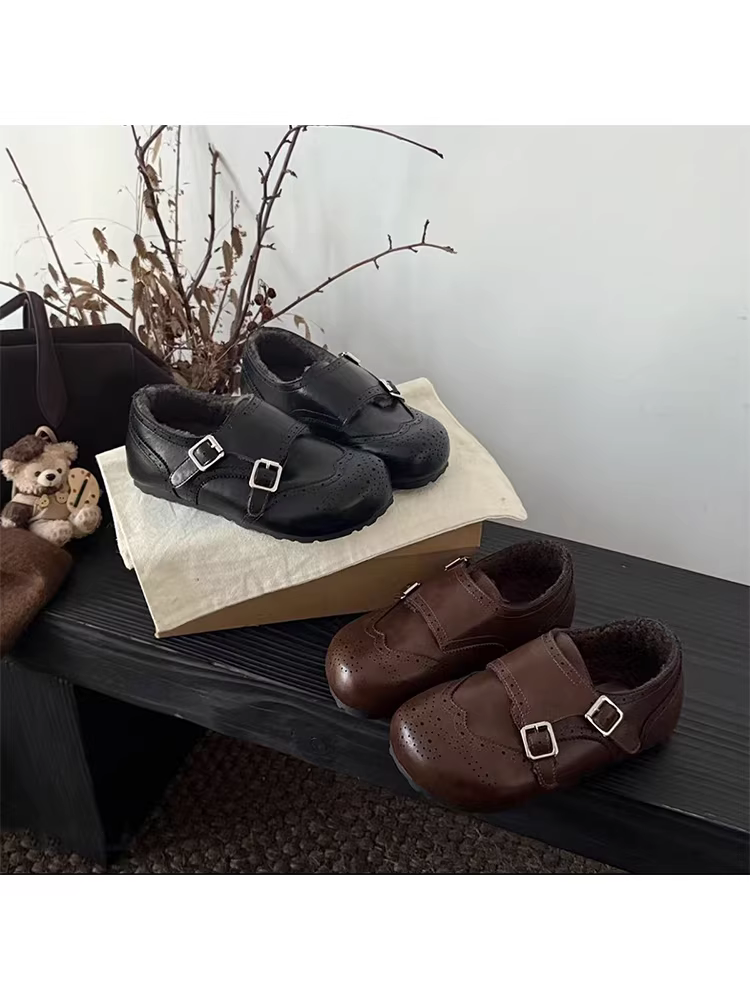 Phiên bản da cừu ~ Giày da nhỏ thời trang kiểu Brogue dành cho nữ, dây đeo đôi khóa cổ điển, tăng chiều cao bên trong bằng da thật, giày đế bằng thoải mái