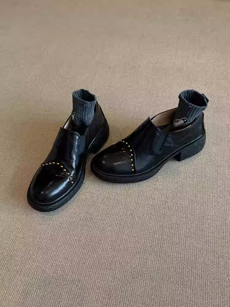 Phiên bản da cừu ~ Giày da nhỏ kiểu Anh dành cho nữ, giày lười đế dày bằng da thật có đế dày, kiểu dáng xỏ ngón, cổ sâu, có dây thun.