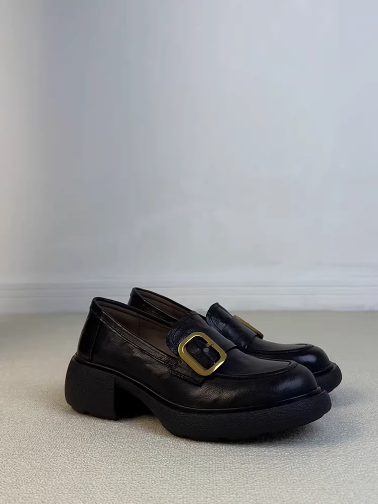 Phiên bản da cừu ~ Giày lười kiểu cổ điển hoa trà đa năng dành cho nữ với gót dày, giày da đế dày thoải mái để đi làm