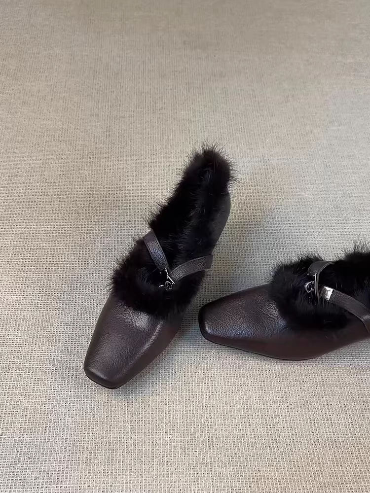 Phiên bản da cừu ~ Giày đơn mũi vuông bằng da thật kiểu Pháp dành cho nữ có khóa kim loại, nâng gót ẩn và lót lông mềm mại Giày Mary Jane.