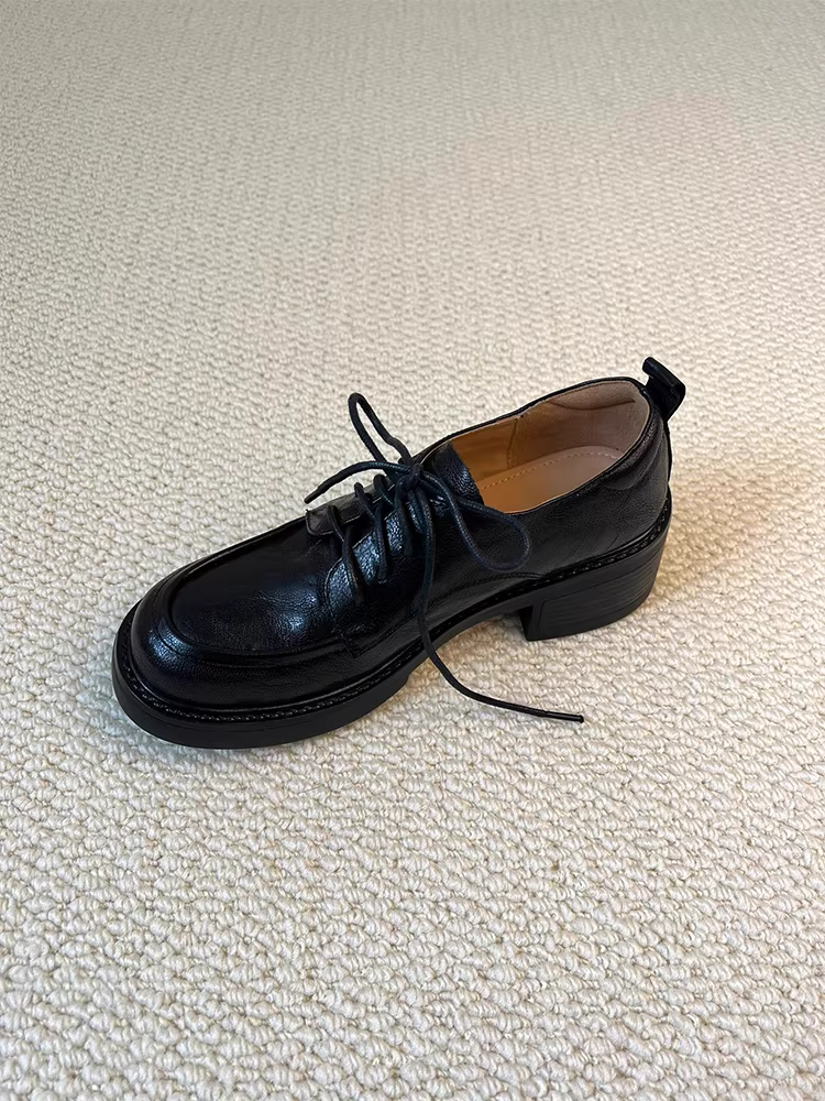 Phiên bản da cừu ~ Giày đế dày buộc dây kiểu đại học dành cho nữ, giày da thật đa năng đế dày, phong cách Anh quốc, giày da nhỏ kiểu giản dị