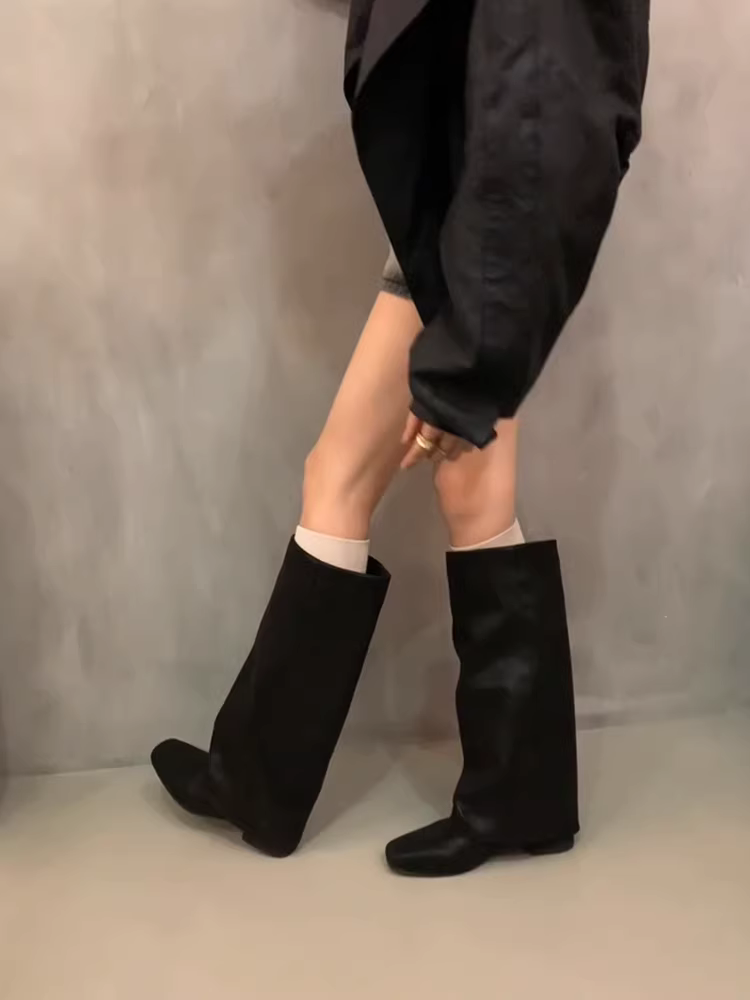 Phiên bản da bò ~ Giày bốt cổ cao kiểu cổ điển có gót dày dành cho nữ, giày bốt mũi vuông kiểu Anh, giày bốt da thật trên đầu gối.