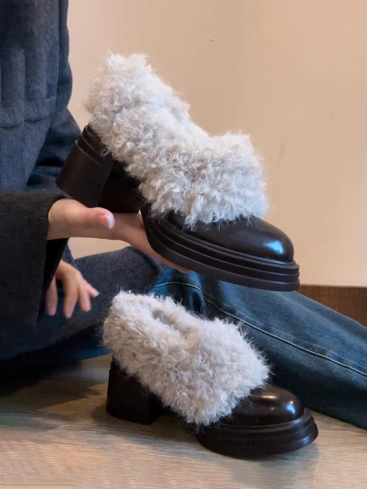Phiên bản da cừu ~ Giày cao gót đế chống thấm nước, giày lông cổ điển dành cho nữ, giày đế dày, giày bốt cotton ấm áp lót lông cừu, giày da nhỏ