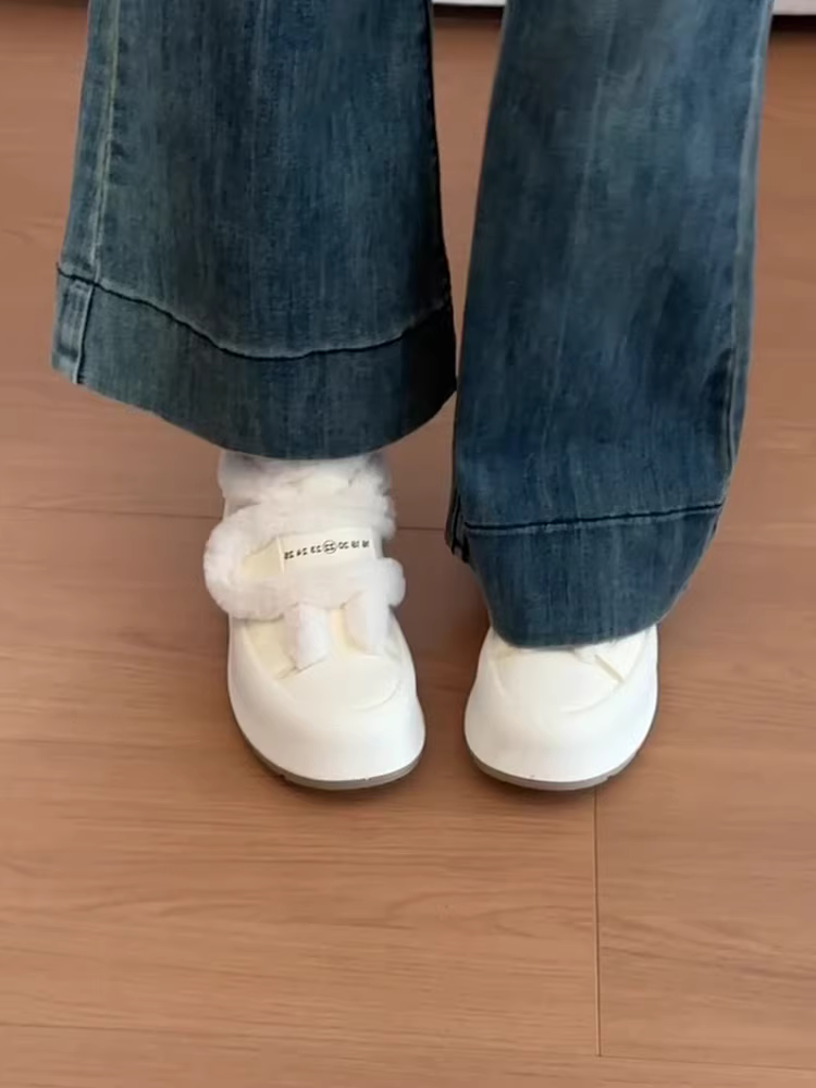 Phiên bản da cừu ~ Giày cotton ấm áp bằng len cừu dành cho nữ có khóa dán, đế dày, giày trắng lót lông cừu, giày mềm mại và giản dị