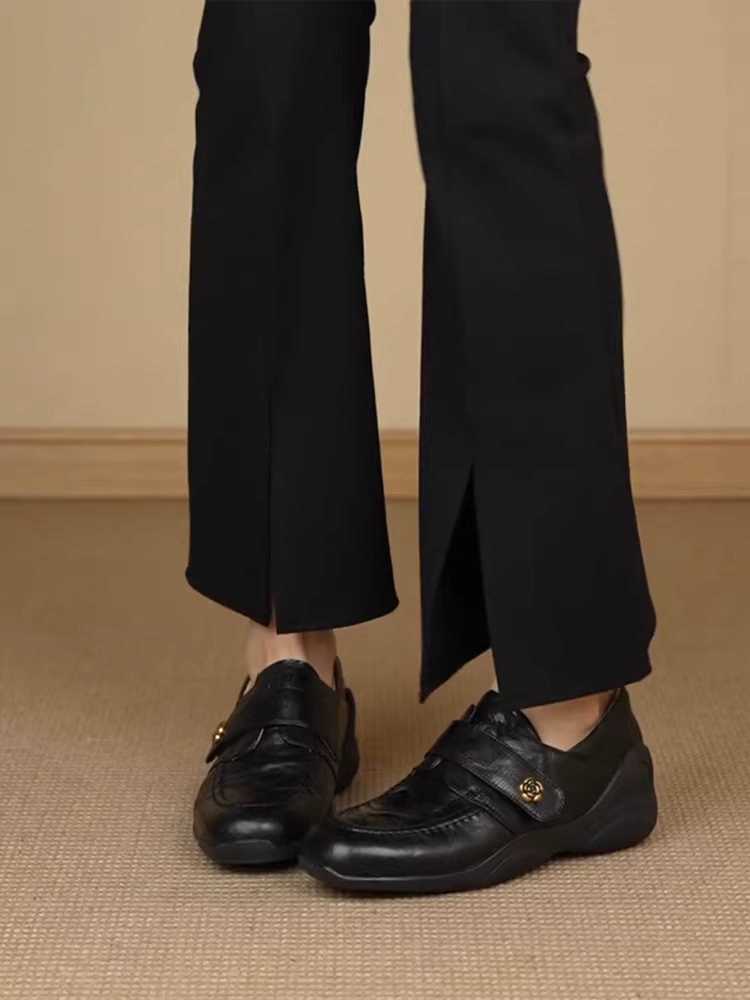 Phiên bản da cừu~ Giày múa ba lê kiểu Pháp dành cho nữ có khóa dán, giày lười không dây, giày da hoa trà đế dày