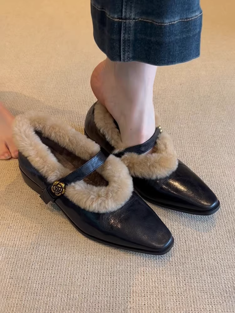 Phiên bản da bò ~ Giày đơn quai đơn, miệng nông, kiểu cổ điển, da thật, gót dày, da cừu, kiểu Mary Jane dành cho nữ