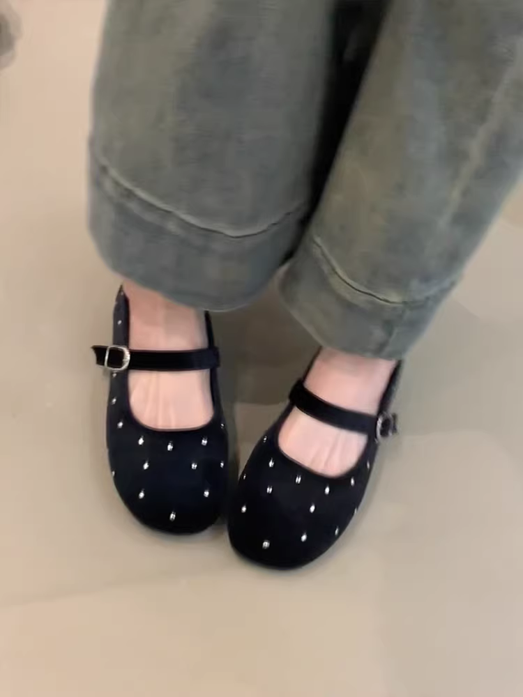 Phiên bản da cừu ~ Giày múa ba lê kiểu Pháp màu đỏ nhung cổ điển có chấm bi, giày Mary Jane mũi tròn nông