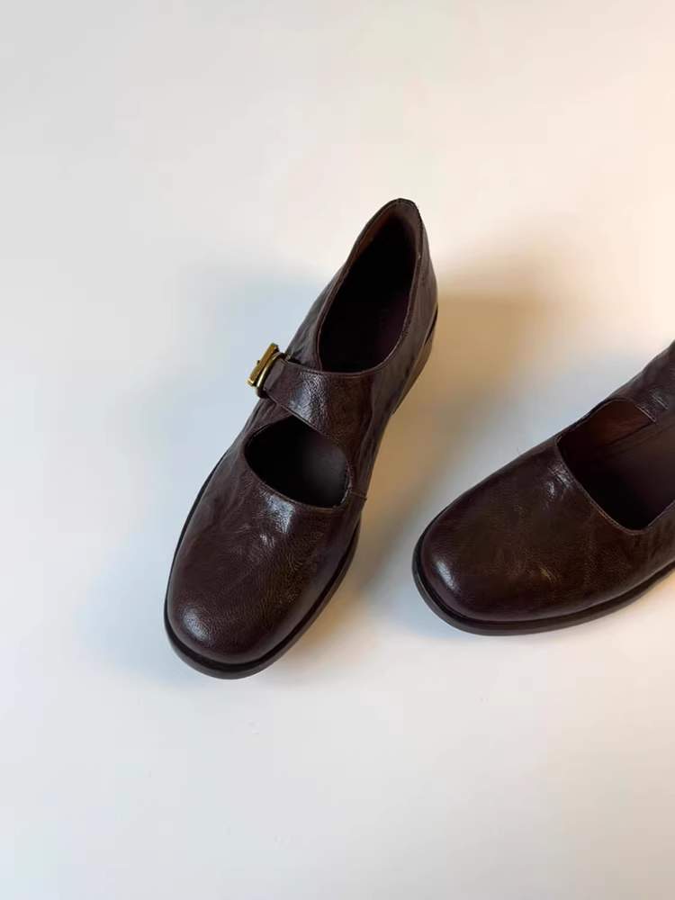 Phiên bản da cừu ~ Giày Mary Jane đi làm màu đen cổ điển dành cho nữ, mũi tròn, gót dày, da thật, đa năng, giày da nhỏ có khóa quai đơn.