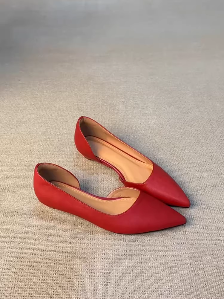 Phiên bản da cừu ~ Giày đế thấp mũi nhọn đa năng dành cho nữ, giày đi làm cổ điển bằng da thật có lỗ hở bên hông