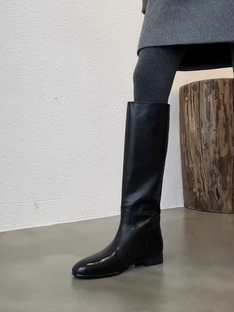 Phiên bản da bò ~ Giày bốt cưỡi ngựa dày đế đen dành cho nữ, kiểu dáng cổ điển đơn giản bằng da thật, giày cao đến đầu gối, đế thấp, thời trang, dài đến đầu gối