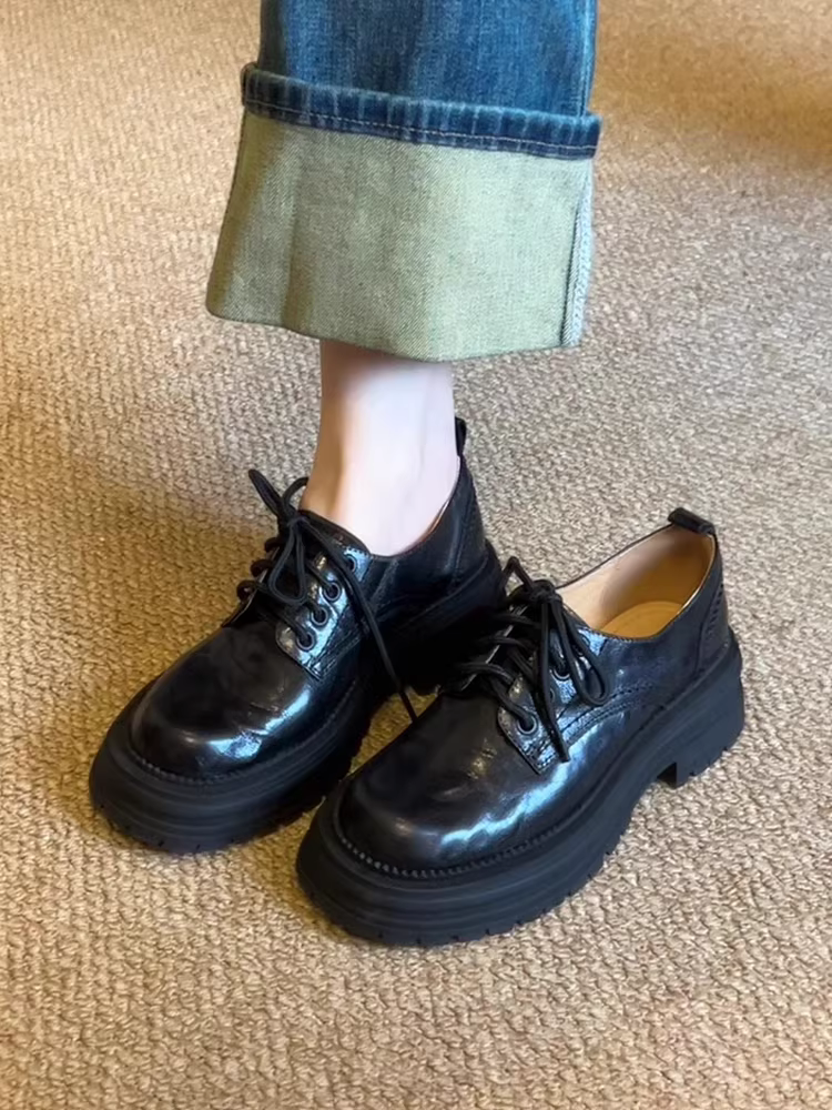 Phiên bản da cừu ~ Giày lười cổ điển màu đen cổ điển bằng da thật dành cho nữ với đế dày, gót dày, giày da nhỏ buộc dây kiểu JK.