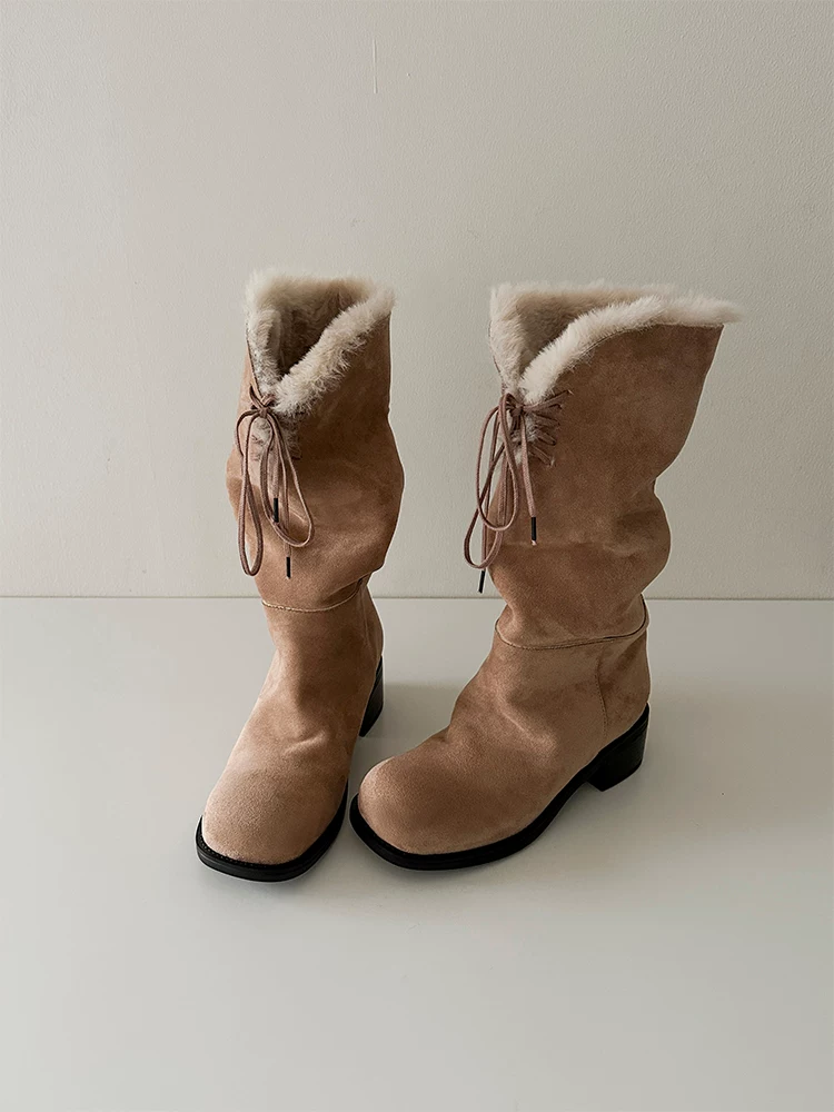 Phiên bản da bò ~ Giày bốt thời trang dài có thể gập lại, có thể mang được hai kiểu, cao cấp dành cho nữ, giày bốt giữ ấm đi tuyết, giày bốt lông thú độc đáo