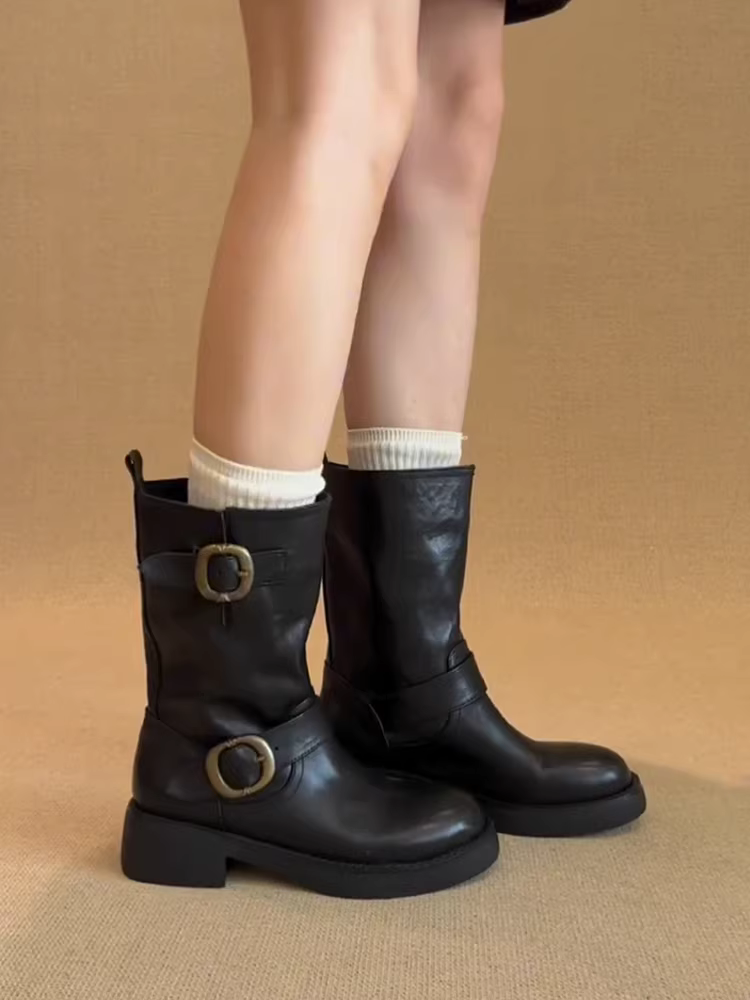 Phiên bản da bò ~ Giày bốt da thật màu đen đa năng dành cho nữ có khóa thắt lưng, giày bốt Martin đế dày kiểu đường phố cổ điển giúp thon gọn dáng người