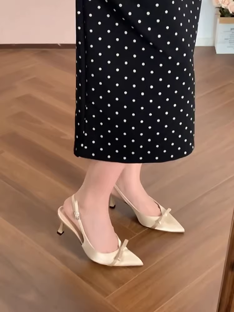 Phiên bản da cừu ~ Giày cao gót quai sau kiểu tiên nữ đa năng dành cho nữ, dép satin thắt nơ thanh lịch mới