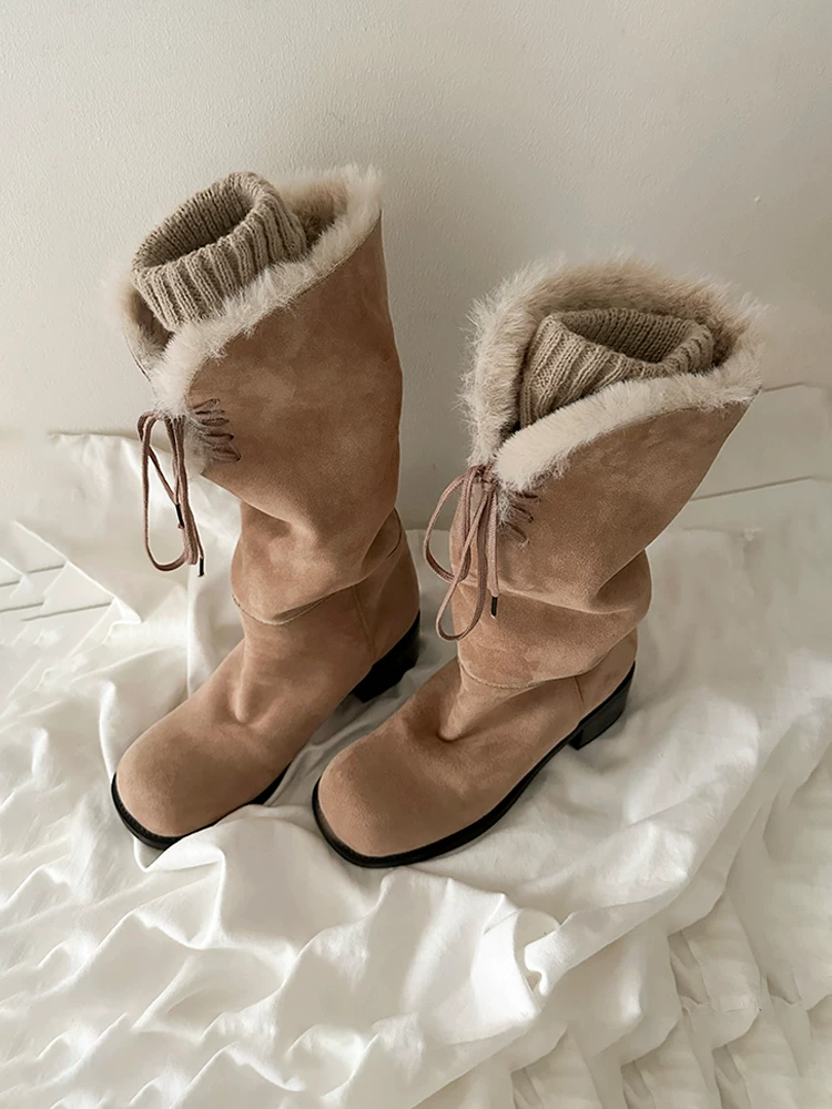 Phiên bản da bò ~ Giày bốt thời trang dài có thể gập lại, có thể mang được hai kiểu, cao cấp dành cho nữ, giày bốt giữ ấm đi tuyết, giày bốt lông thú độc đáo