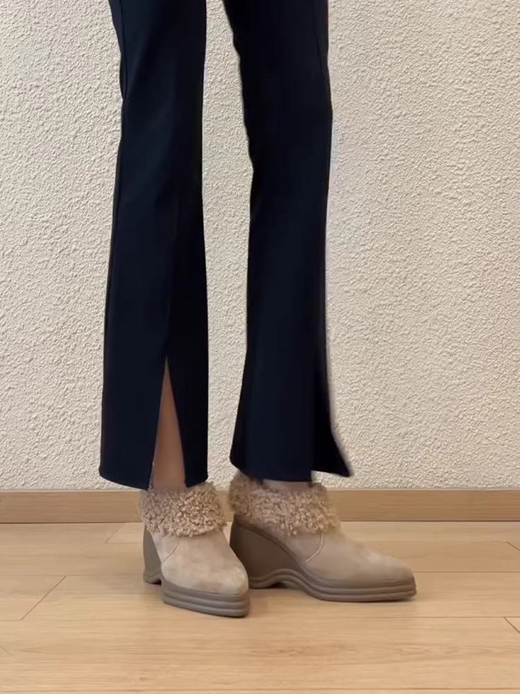 Phiên bản da cừu ~ Giày lười mũi nhọn có gót nêm dành cho nữ, giày da thật kiểu cổ điển, đế dày, lông nhung, giày da nhỏ