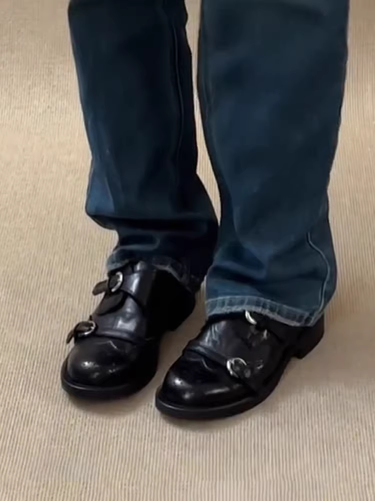 Phiên bản da cừu ~ Giày da kiểu Anh dành cho nữ, giày da thật cao gót kiểu chunky thiết kế thời trang có khóa thắt lưng, giày lười mũi tròn