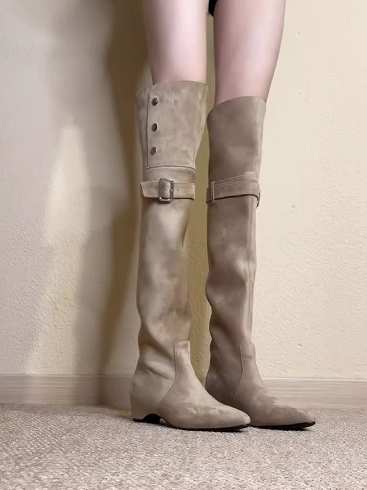 Phiên bản da bò ~ Giày bốt cưỡi ngựa kiểu dáng thời trang có khóa thắt lưng trên đầu gối của Melard dành cho nữ, giày bốt dài tăng chiều cao bên trong bằng da lộn cổ điển.