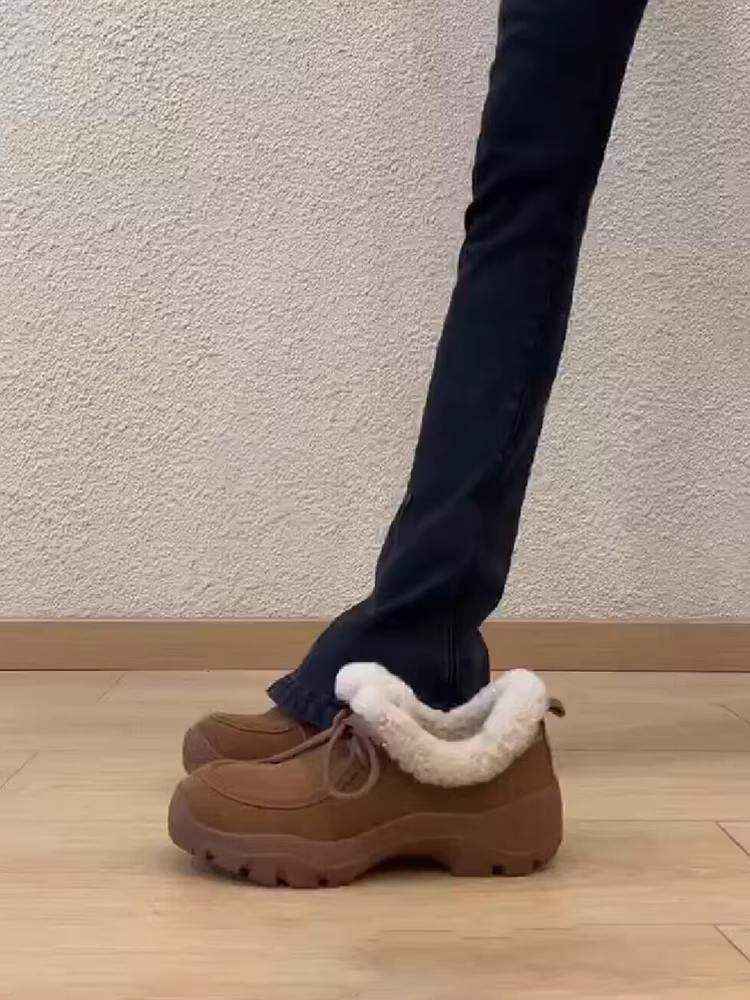 Phiên bản da cừu ~ Giày thường ngày có dây buộc ấm áp, đế dày, thoải mái, chống trượt, thời trang mùa đông dành cho nữ, giày bốt đi tuyết lót lông cừu nhỏ nhắn