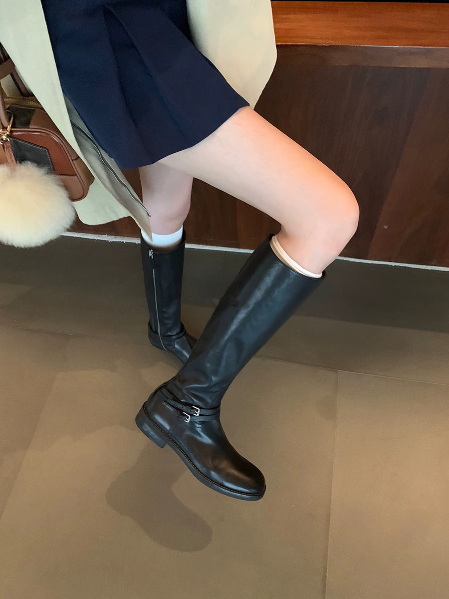 Phiên bản da bò ~ Giày bốt cưỡi ngựa đế dày có khóa đôi bằng da thật kiểu cổ điển dành cho nữ, mũi tròn, cao đến đầu gối có khóa kéo bên hông