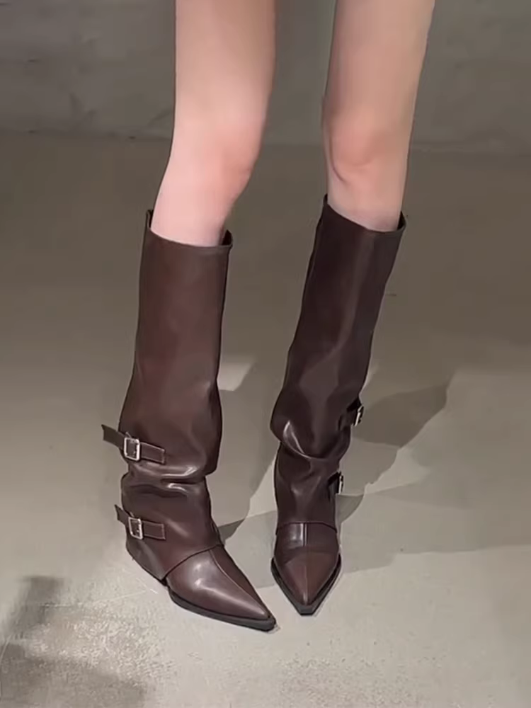 Phiên bản da cừu ~ Giày bốt cao gót kiểu Âu Mỹ dành cho nữ có khóa thắt lưng, mũi nhọn, bốt dài thanh lịch và thời trang, bốt cưỡi ngựa cổ điển.