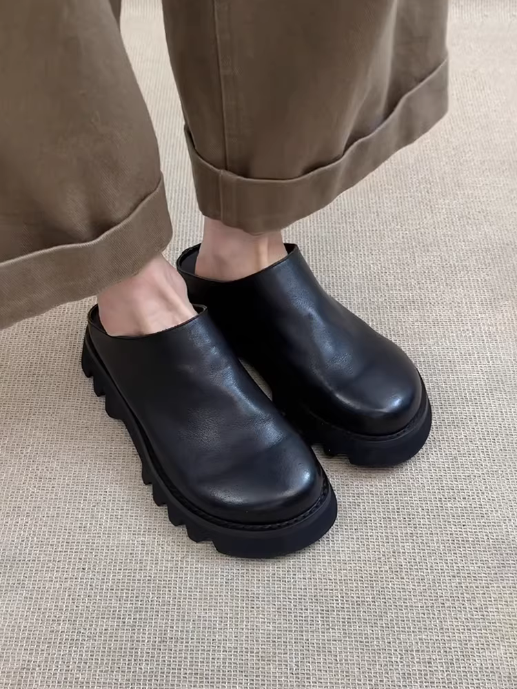 Phiên bản da cừu ~ Giày đế dày, mũi rộng, kiểu Birkenstock dành cho nữ, giày da thật đa năng kiểu retro, kiểu mules nửa gót có mũi kín.