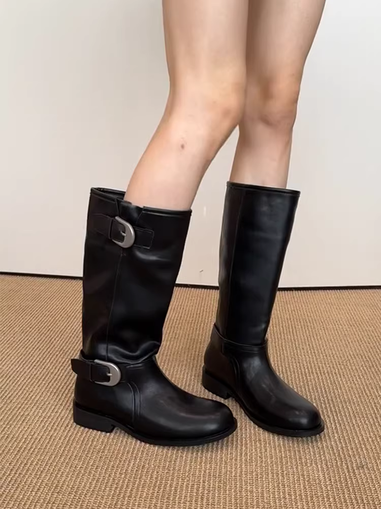 Phiên bản da bò ~ Giày bốt cưỡi ngựa đế dày ống rộng bằng da thật dành cho nữ, phong cách Anh quốc, cổ điển, tôn dáng, có khóa thắt lưng, bốt dài qua đầu gối